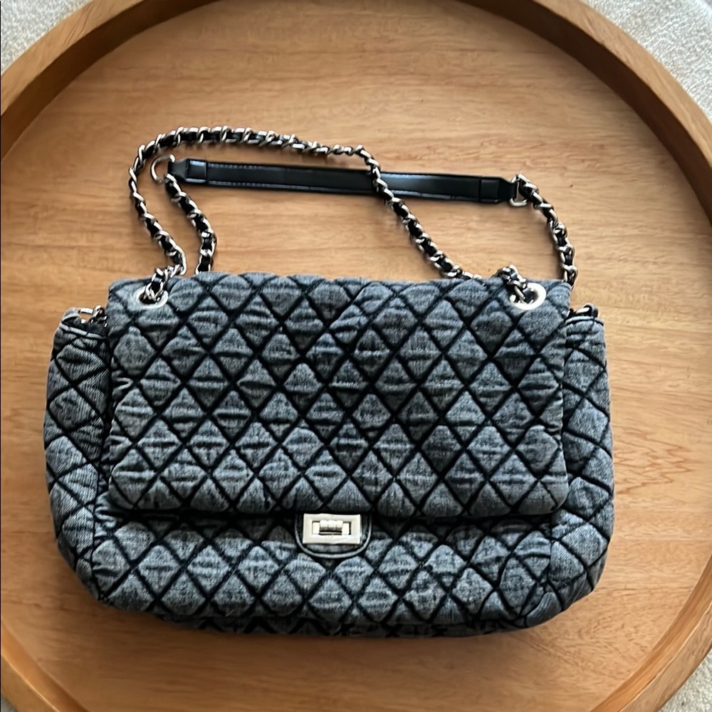 Quilted Gray Chain-Handle Shoulder Bag